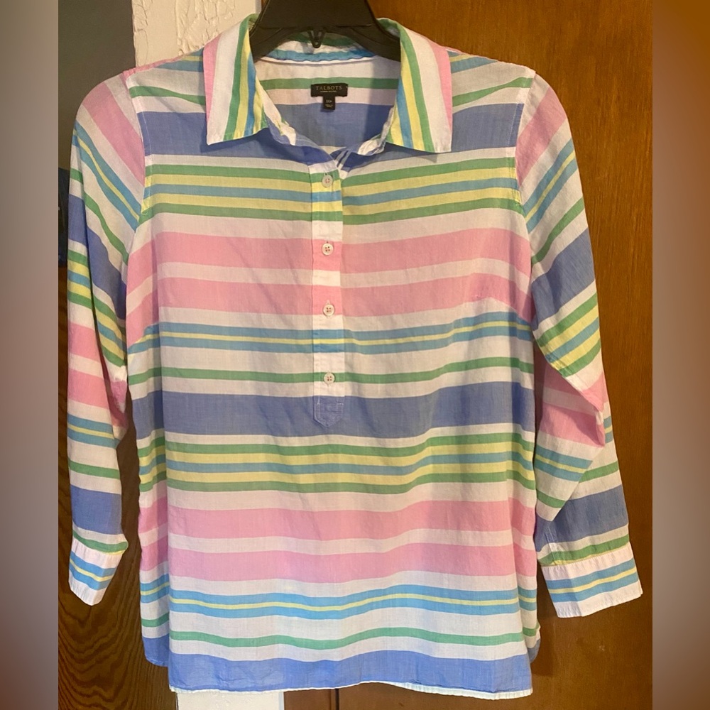TALBOTS 23”PTP Sz: 1XP POPOVER TOP-BEACH CLUB STRIPE w/SIDE BUTTONS